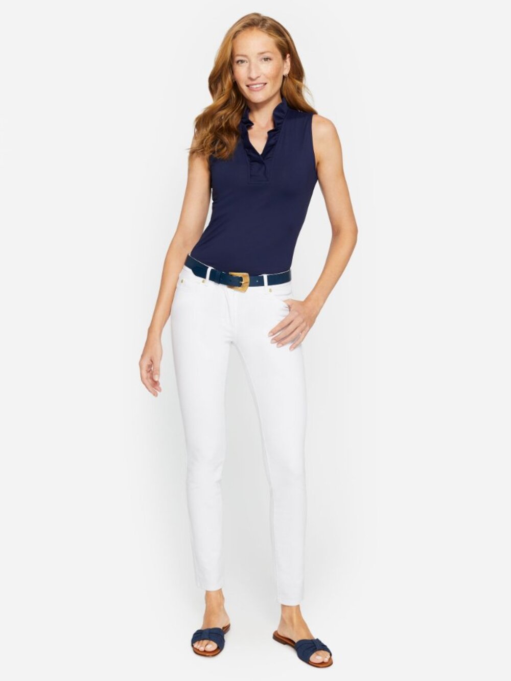 J McLaughlin Durham Sleeveless Ruffle Top - Winter Navy NEW - Picture 2 of 3